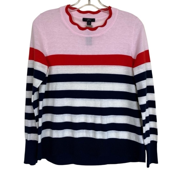 J. Crew Scallop Trimmed Pullover Striped Sweater Wool Blend Nautical NWT Sz XS - Picture 3 of 15